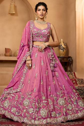 Women's Magenta Pink Embroidered Georgette Lehenga Choli with Matching Dupatta