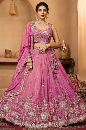 Women's Magenta Pink Embroidered Georgette Lehenga Choli with Matching Dupatta