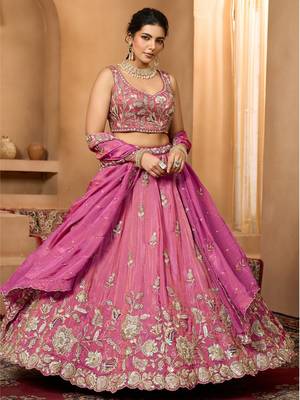 Women's Magenta Pink Embroidered Georgette Lehenga Choli with Matching Dupatta 2