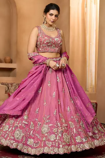 Women's Magenta Pink Embroidered Georgette Lehenga Choli with Matching Dupatta
