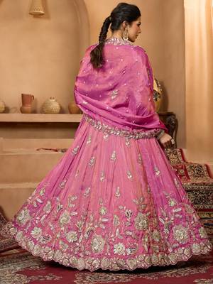 Women's Magenta Pink Embroidered Georgette Lehenga Choli with Matching Dupatta 3