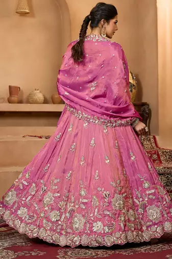 Women's Magenta Pink Embroidered Georgette Lehenga Choli with Matching Dupatta