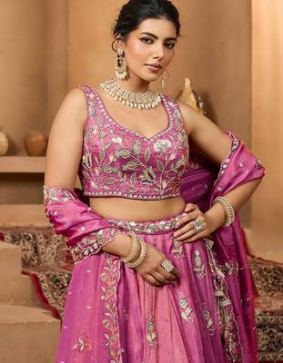Women's Magenta Pink Embroidered Georgette Lehenga Choli with Matching Dupatta 4