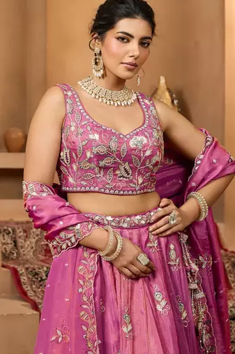 Women's Magenta Pink Embroidered Georgette Lehenga Choli with Matching Dupatta