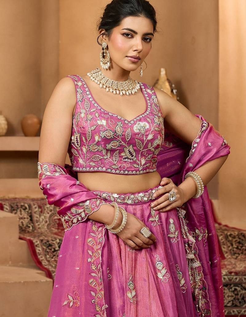Women's Magenta Pink Embroidered Georgette Lehenga Choli with Matching Dupatta