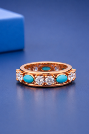 Luxury Sterling Silver& Rose Gold Platted Turquoise & Diamond Band Ring