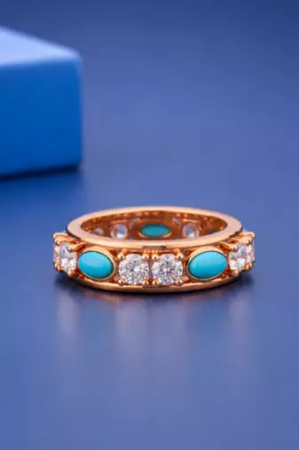Luxury Sterling Silver& Rose Gold Platted Turquoise & Diamond Band Ring