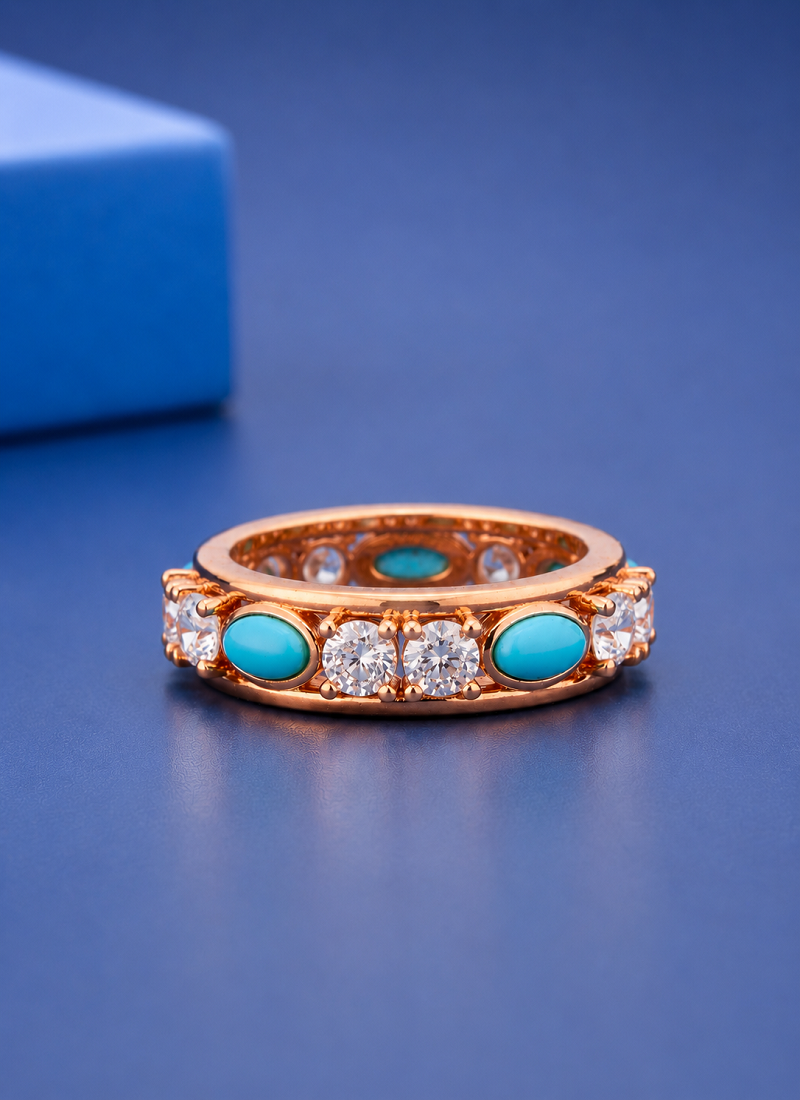 Luxury Sterling Silver& Rose Gold Platted Turquoise & Diamond Band Ring
