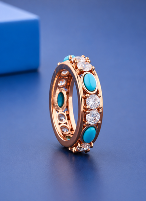 Luxury Sterling Silver& Rose Gold Platted Turquoise & Diamond Band Ring 2