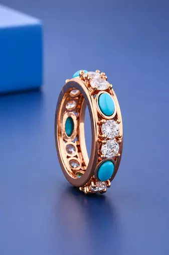 Luxury Sterling Silver& Rose Gold Platted Turquoise & Diamond Band Ring