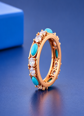 Luxury Sterling Silver& Rose Gold Platted Turquoise & Diamond Band Ring 4