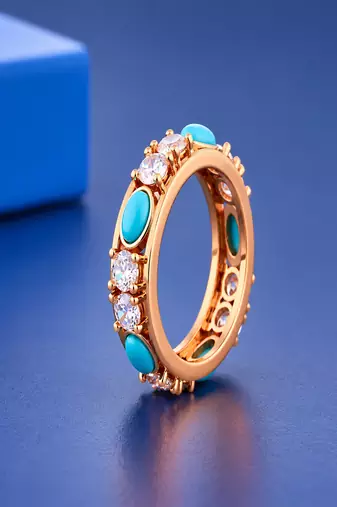 Luxury Sterling Silver& Rose Gold Platted Turquoise & Diamond Band Ring