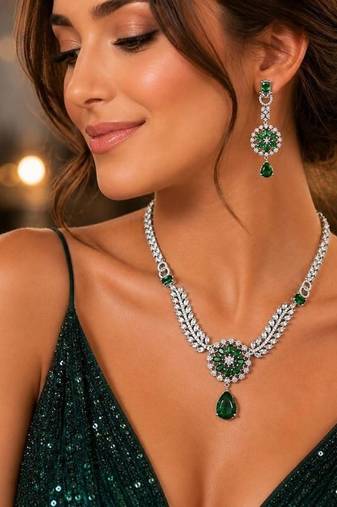 emerald green bridal jewellery set, silver cz necklace earrings, wedding choker set