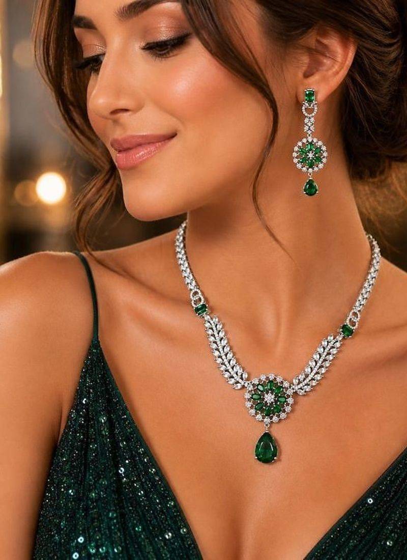 emerald green bridal jewellery set, silver cz necklace earrings, wedding choker set