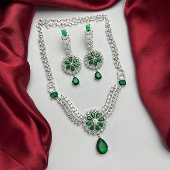 emerald green bridal jewellery set, silver cz necklace earrings, wedding choker set 2
