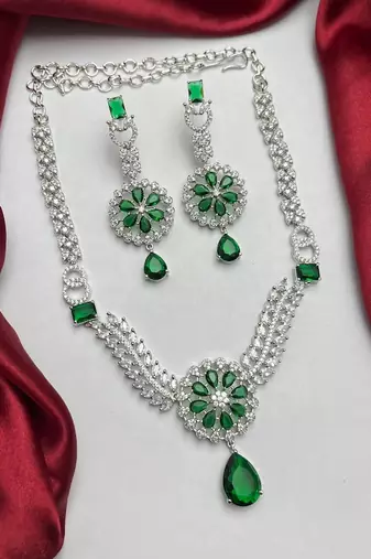 emerald green bridal jewellery set, silver cz necklace earrings, wedding choker set