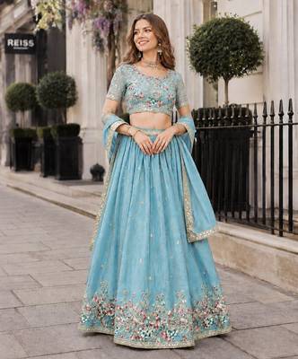 Sky-Blue Silk Semi Stitched Lehenga Choli with Multi Thread Embroidery Work 1