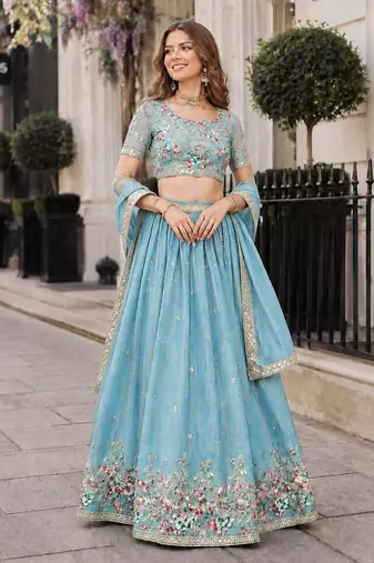 Sky-Blue Silk Semi Stitched Lehenga Choli with Multi Thread Embroidery Work