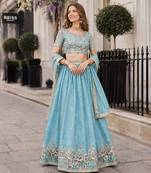 Sky-Blue Silk Semi Stitched Lehenga Choli with Multi Thread Embroidery Work
