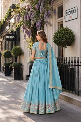 Sky-Blue Silk Semi Stitched Lehenga Choli with Multi Thread Embroidery Work 2