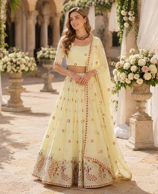 Off-White Silk Semi Stitched Lehenga Choli with Thread Embroidery & Zari Work 1