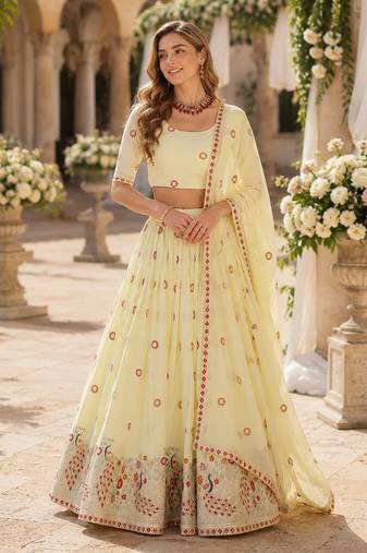 Off-White Silk Semi Stitched Lehenga Choli with Thread Embroidery & Zari Work