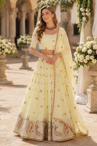 Off-White Silk Semi Stitched Lehenga Choli with Thread Embroidery & Zari Work