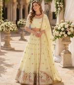 Off-White Silk Semi Stitched Lehenga Choli with Thread Embroidery & Zari Work