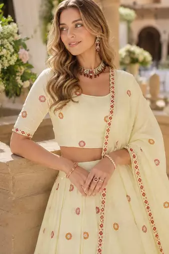 Off-White Silk Semi Stitched Lehenga Choli with Thread Embroidery & Zari Work