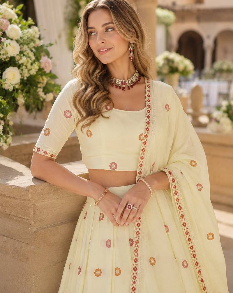 Off-White Silk Semi Stitched Lehenga Choli with Thread Embroidery & Zari Work