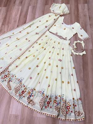 Off-White Silk Semi Stitched Lehenga Choli with Thread Embroidery & Zari Work 3