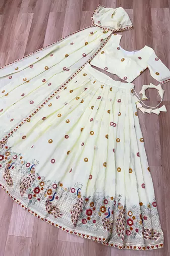 Off-White Silk Semi Stitched Lehenga Choli with Thread Embroidery & Zari Work