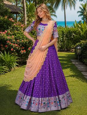 Violet Silk Semi Stitched Lehenga Choli with Meena Weaving Work 1