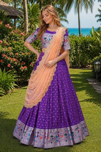 Violet Silk Lehenga Choli with Meena Weaving Work