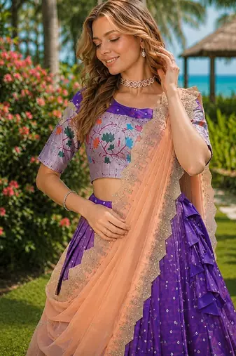 Violet Silk Semi Stitched Lehenga Choli with Meena Weaving Work