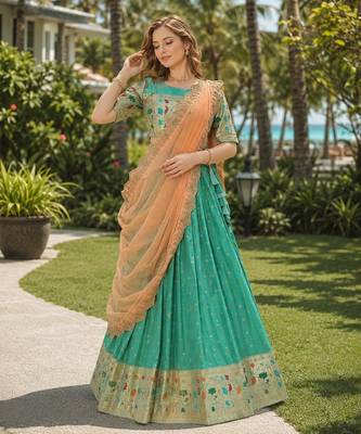 Blue Silk Semi Stitched Lehenga Choli with Meena Weaving Work 1
