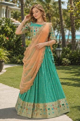 Blue Silk Lehenga Choli with Meena Weaving Work