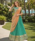 Blue Silk Semi Stitched Lehenga Choli with Meena Weaving Work