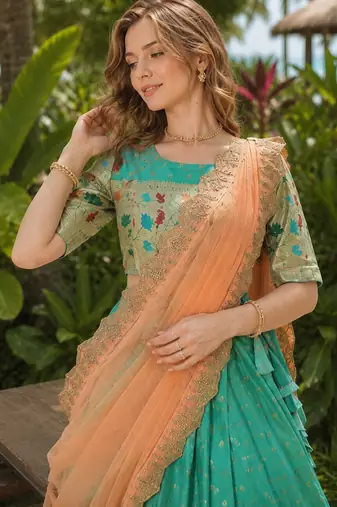 Blue Silk Semi Stitched Lehenga Choli with Meena Weaving Work