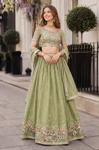 Mehendi Silk Blend Semi Stitched Lehenga Choli with Multi Thread Embroidery Work