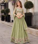 Mehendi Silk Blend Semi Stitched Lehenga Choli with Multi Thread Embroidery Work