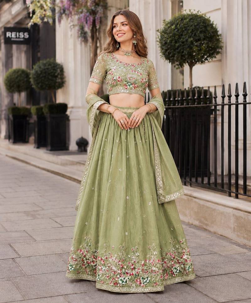 Mehendi Silk Blend Semi Stitched Lehenga Choli with Multi Thread Embroidery Work