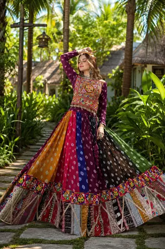Multicolor Georgette Free Size Stitched Navratri Lehenga Choli with Kutchi Gamthi Work