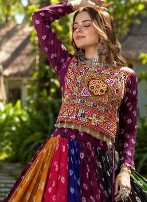 Multicolor Georgette Free Size Stitched Navratri Lehenga Choli with Kutchi Gamthi Work 1