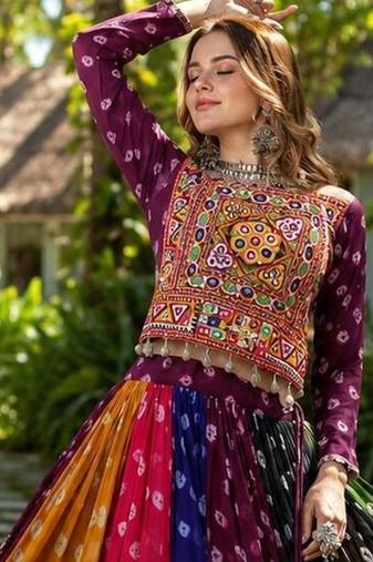 Multicolor Georgette Free Size Stitched Navratri Lehenga Choli with Kutchi Gamthi Work