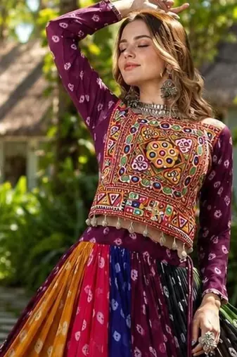 Multicolor Georgette Free Size Stitched Navratri Lehenga Choli with Kutchi Gamthi Work