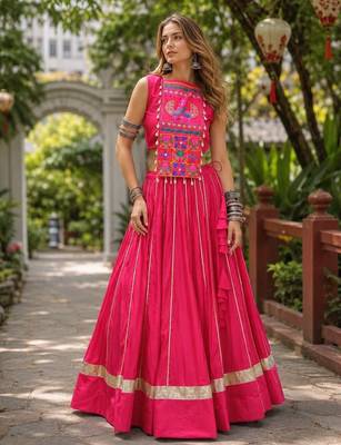 Red Cotton Free Size Stitched Navratri Lehenga Choli with Gota Patti & Mirro Work 1