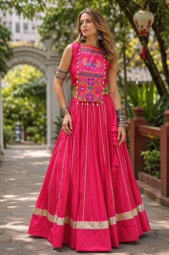 Red Cotton Free Size Stitched Navratri Lehenga Choli with Gota Patti & Mirro Work