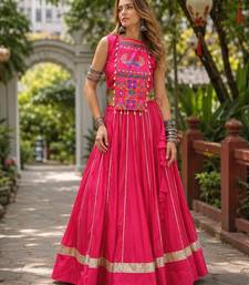 Red Cotton Free Size Stitched Navratri Lehenga Choli with Gota Patti & Mirro Work