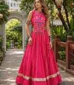 Red Cotton Free Size Stitched Navratri Lehenga Choli with Gota Patti & Mirro Work
